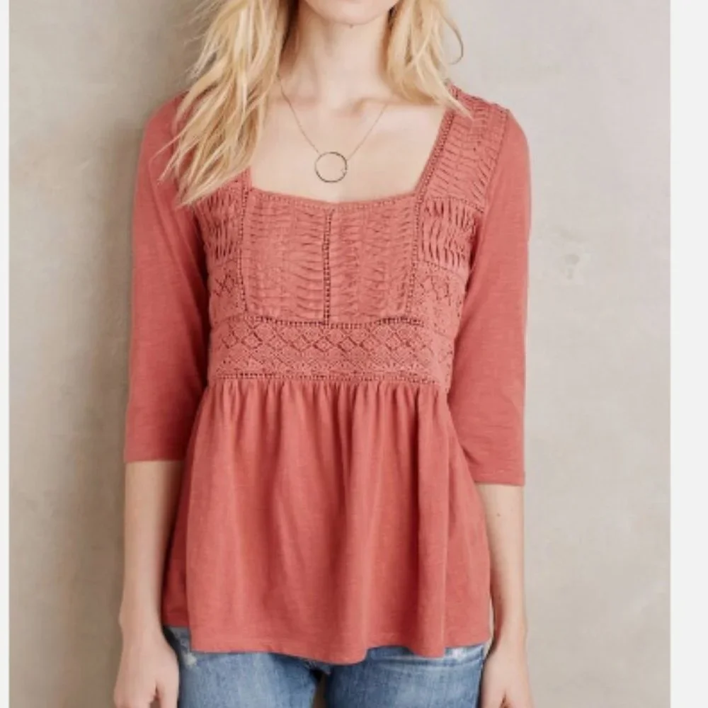 ANTHRO I Terra Cotta Nosara Crochet Lace Peplum Shirt Top by Meadow Rue, S